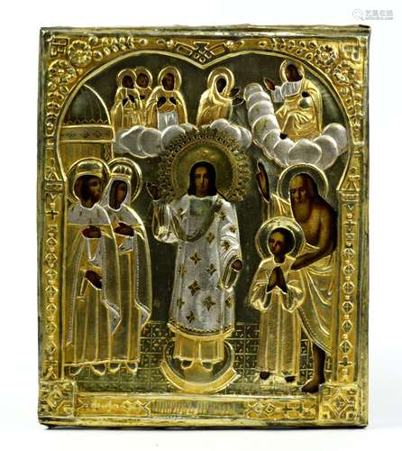 Russian brass oklad icon on wood panel, depicting various polychrome hand painted figures framing