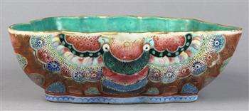 Chinese enameled porcelain butterfly form bowl, of conforming shape, with turquoise interior and