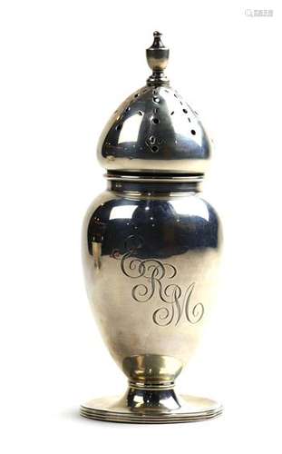 Sterling silver muffiner or sugar caster, having an urn form final over the tapering ovoid body