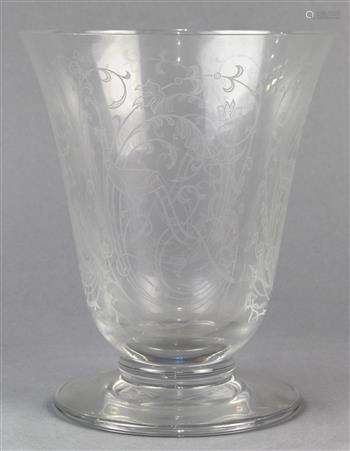 Baccarat glass vase, having a flaring lip over a tapering body decorated with leaves and exotic