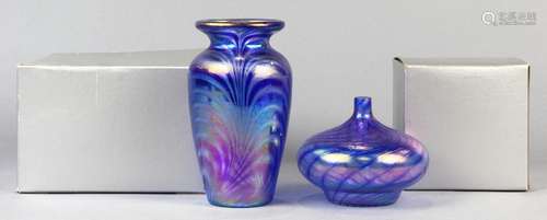 (lot of 2) Art glass vases, each having blue ground with a pulled iridescent motif, one having a