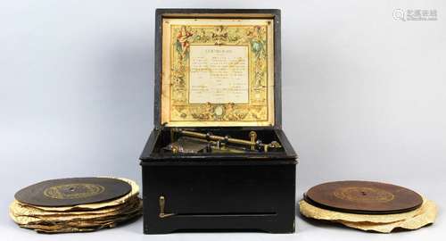 Symphonion music box, the box having gilt accents and marked to the top, 