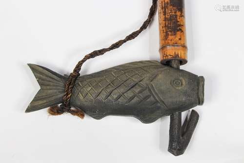 Japanese jizai-kagi (hearth pot hook), on bamboo pole, with rope and wooden koi carp, overall: 51.