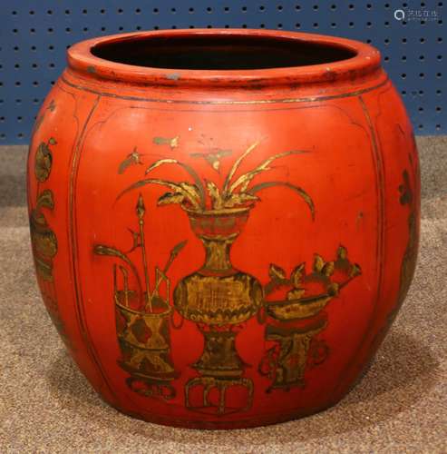 Red lacquered ceramic fish bowl, decorated with reserves of various scholar's items in gilt, 15