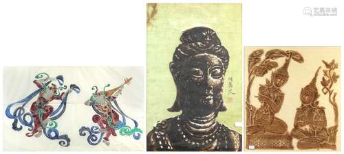 (lot of 3) Asian print of a Buddha, signed and sealed; together with two ink rubbings, one with