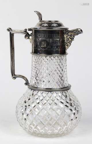 Continental silver and etched glass commemorative ewer, 19th Century, the hinged lid with chased