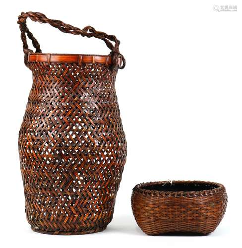 (lot of 2) Japanese ikebana bamboo baskets for flower arrangement, one tall ovoid form with