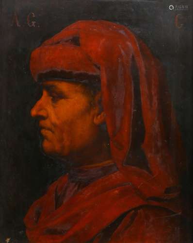 European School (17th century), Profile of a Gentleman Draped in Red, oil on oak panel, initialed “