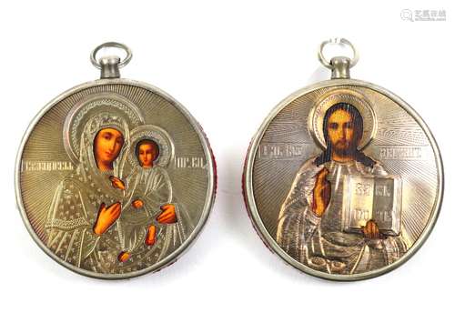 (lot of 2) Russian .84 silver oklad traveling icons, each of circular form, consisting of one