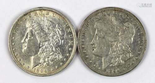 (lot of 2) 1894 (S) and 1894(O) Morgan silver dollars, XF/AU