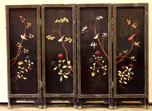 Chinese small four panel wood screen, featuring bird-and-flowers executed mostly in stone overlay,