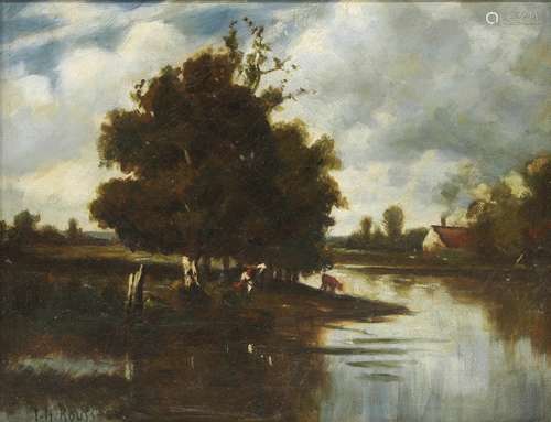 French School (19th century), River Landscape with Figure and Cow, oil on canvas, bears signature '