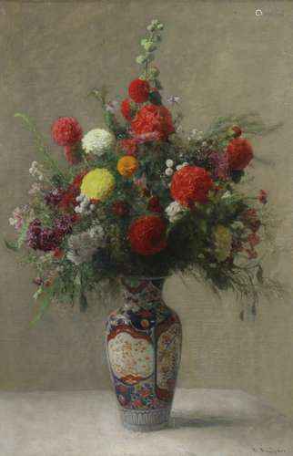 Franz Rumpler (Austrian, 1848-1922), Still Life with Flowers in a Porcelain Vase, oil on canvas,