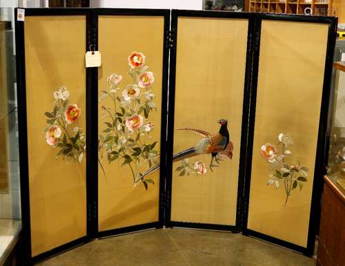 Japanese four-panel screen, embroidered on silk, one panel with pheasant, three with flowers,