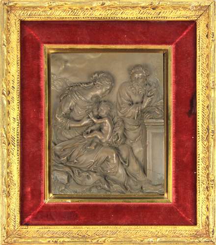 Classical style patinated bronze relief panel, having a giltwood frame surrounding a scene of a