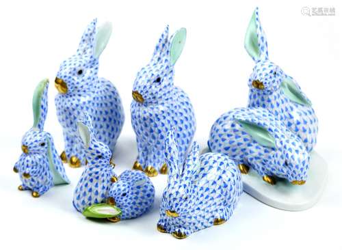 (lot of 6) Herend hand painted porcelain rabbits, each decorated in light blue in the Fish Net