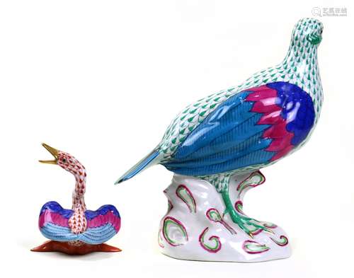 (lot of 2) Herend hand painted porcelain figurines, one depicting a pheasant with polychrome