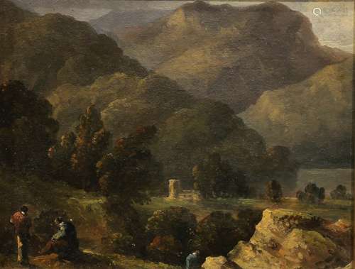 Italian School (18th century), Mountain Landscape with Figures, oil on paper (laid down on card