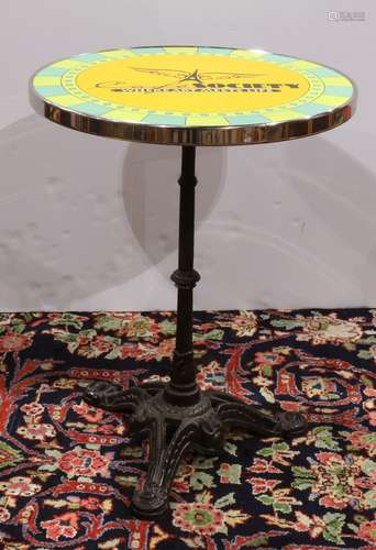 French style bistro table, having a polychrome decorated circular top inscribed 