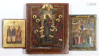 (lot of 3) Russian style icon group, each on wooden panel, one with two inserted splints to the