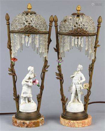 Pair of German Porcelain figural lamps, each with a beaded shade above the white porcelain figure in