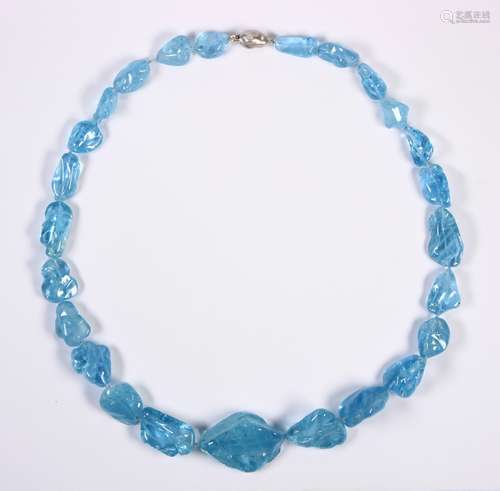 Aquamarine and 14k white gold necklace Featuring (25) free-form aquamarine beads, ranging in size