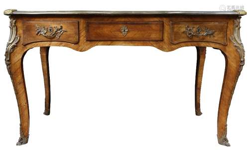 Louis XV style inlaid bureau plat, c. 1900 having a shaped top with floral and foliate decoration,