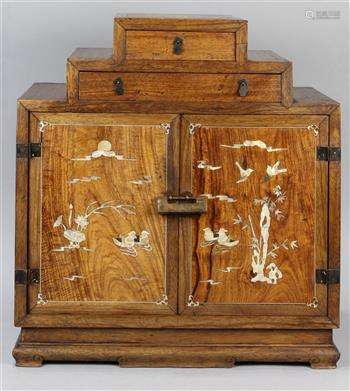 Chinese mixed hardwood small cabinet, with two drawers forming a stepped construction above a