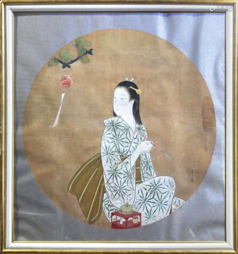 Japanese ink and color on paper, depicting a young woman holding a kiseru pipe by a wind-bell