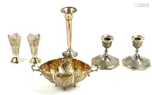 (lot of 6) Assembled silver table items, comprising an American sterling silver weighted vase,