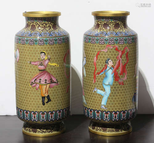 Pair of Chinese cloisonne enameled vases, the rouleau body featuring various beauties at dance on