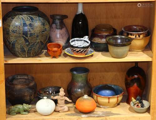 (lot of approx 15) Studio ceramic vessels and Pre-Columbian style figurines, etc.