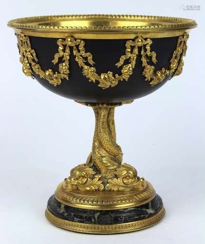 Continental style gilt bronze footed compote, having a garland swag decorated frieze flanking the