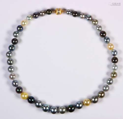 Tahitian cultured pearl, diamond and 14k yellow gold necklace Comprised of (41) graduating multi-