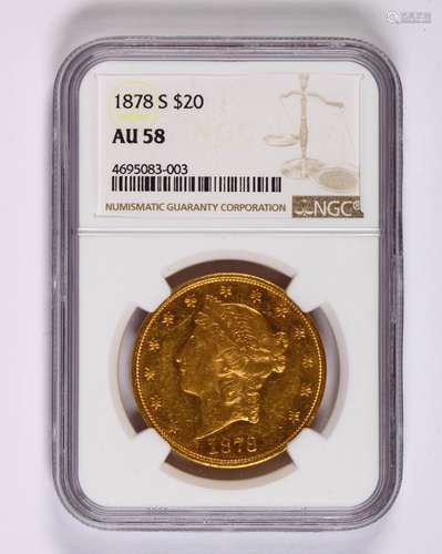 1878(S) 20 dollar gold Liberty Head double eagle, NGC AU 58