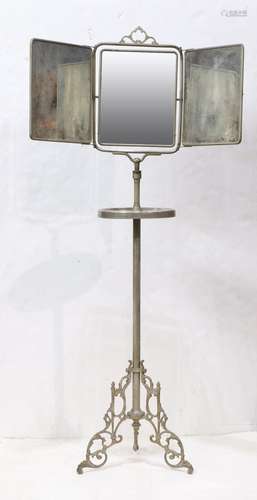 Victorian vanity shaving stand, having a trifold looking glass above the silvered dish top, and