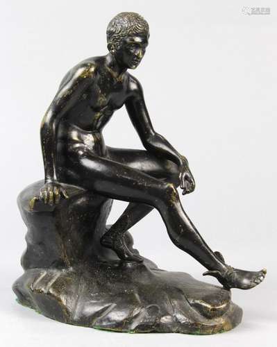 Neo-Classical bronze figural statue, depicting the god Hermes, seated on a naturalistic base, the