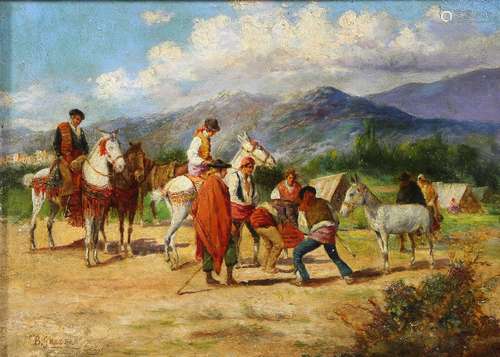 Baldomero Galofre Y Gimenez (Spanish, 1849-1902), Gypsy Encampment, oil on panel, signed lower left,