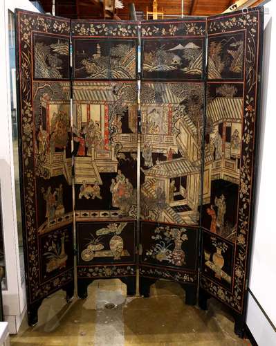 Chinese four-panel Coromandel style wood screen, featuring figures in a pavilion complex, reversed