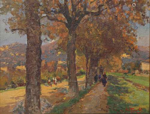 Ernest Tonk (American, 1889-1968), Untitled (Shady Lane), oil om panel, signed lower right, panel: