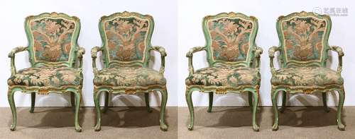 (Lot of 4) French partial gilt and polychrome decorated fauteuils c. 1860, each having a shell