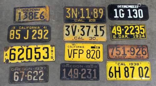 (lot of 12) Vintage California Auto License Plates group, consisting of yellow and black examples