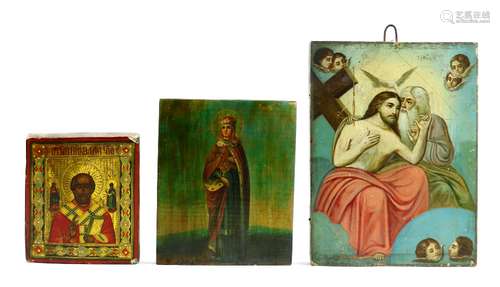 (lot of 3) Eastern Orthodox icon group, all painted on a wooden panel and polychrome decorated,