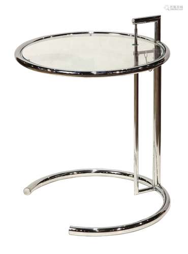 Eileen Gray adjustable table, executed in tubular steel and having a glass top, 25''h x 19.5''w