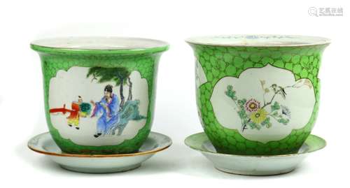 (lot of 2) Chinese porcelain planters, each with lime colored ground, one with bird-and-flower