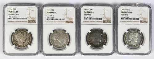 (lot of 4) Barber half dollars, 1897(O) NGC fine details, 1897(S) NGC VG, 1910 NGC XF, 1914 NGC VG