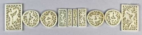 Set of ten Chinese jade belt plaques, six of rectangular and four of tear drop form, carved with