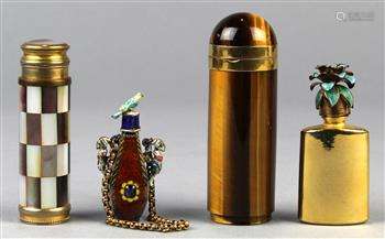 (lot of 4) Assorted mixed metal miniature mounted perfume bottles or scent flasks, comprising a