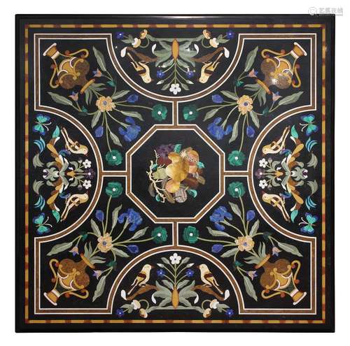 Italian pietra dura table top, having a square form decorated with birds and floral bouquets in