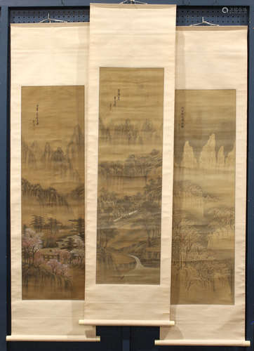 (lot of 3) Scroll paintings, Mountain Landscape, ink and color on silk, each with inscription,